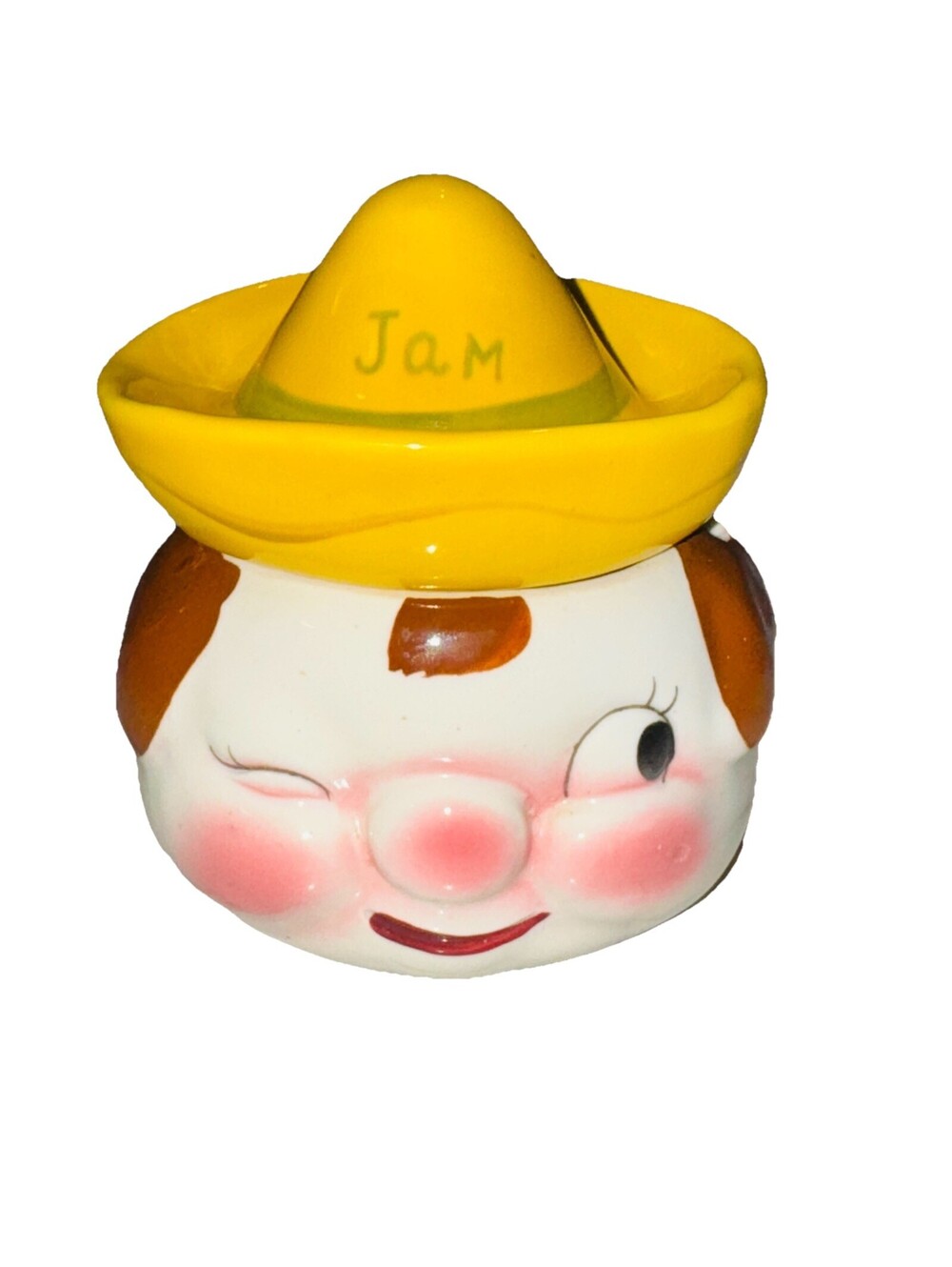 50s Vintage Anthropomorphic Napco Ceramic Jam Jar Winking Country Boy Kitschy